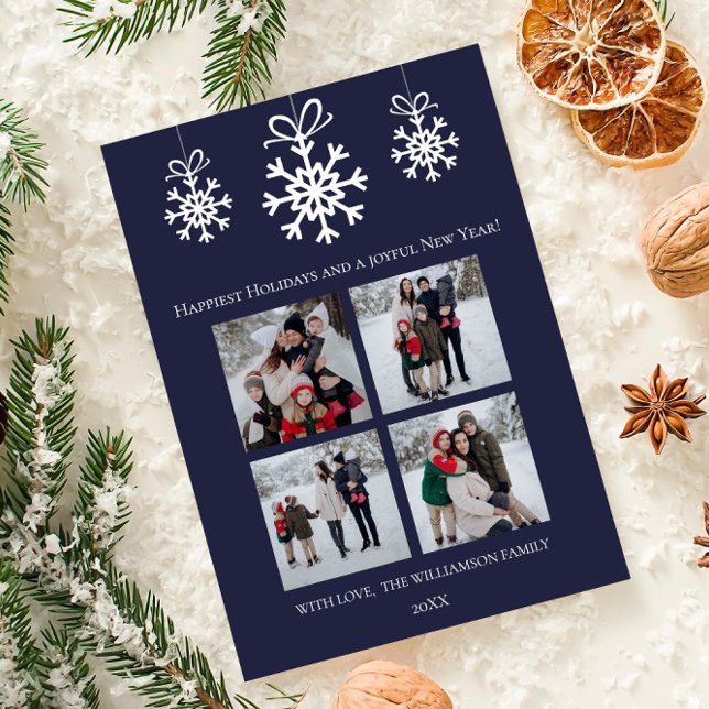 Blue Snowflake Ornaments Photo Collage Julkort (Blue Snowflake Ornaments Photo Collage Holiday Card)