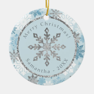 Blue Snowflake Personlig Namn Date Julgransprydnad Keramik
