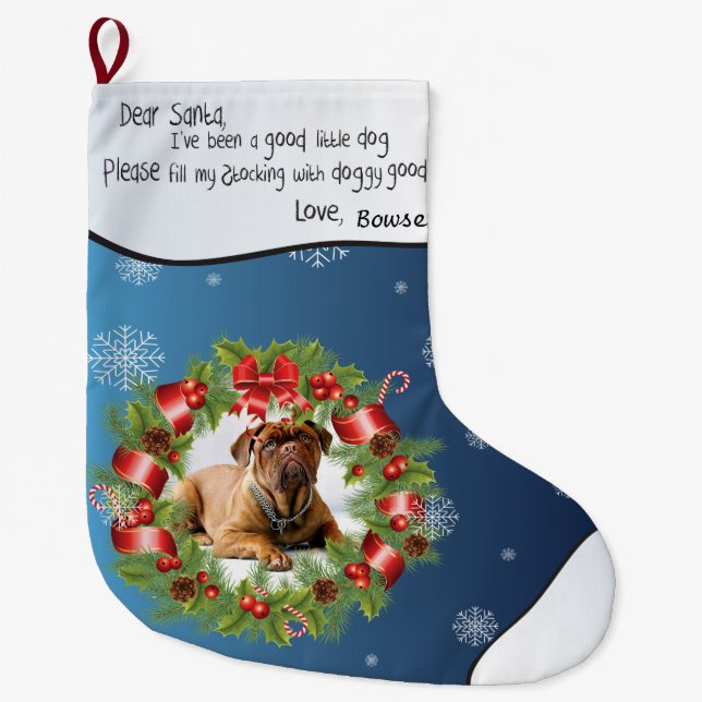 Blue Snowflake PHOTO RAM för Hund foto Stor Julstrumpa (Framsidan)