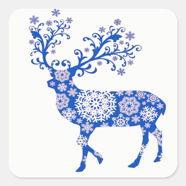Blue Snowflake Reindeer jul Fyrkantigt Klistermärke (Framsida)