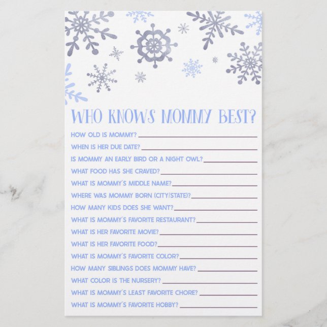 Blue Snowflake som känner Mamma Baby Shower Game Brevpapper (Framsida)