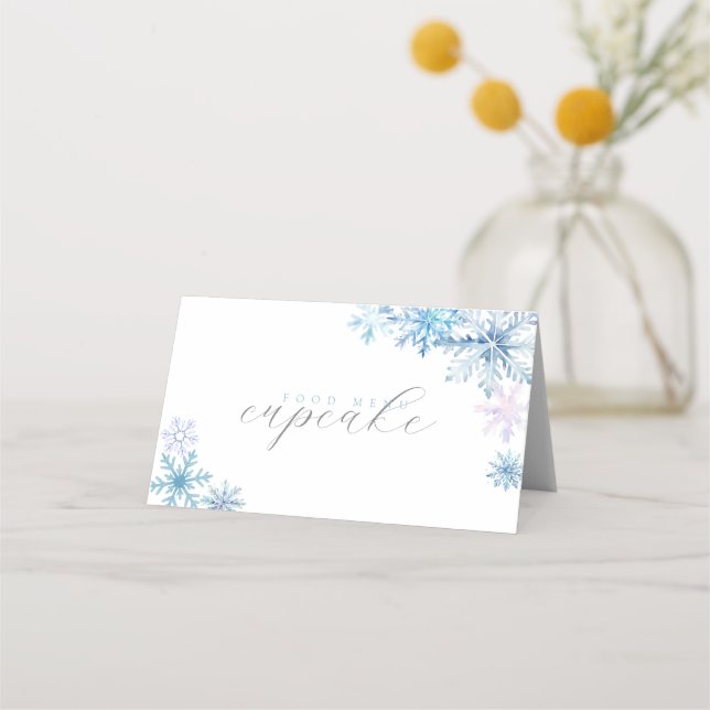 Blue Snowflake Tent Menu Card — Winter First Birth Placeringskort (Framsida)