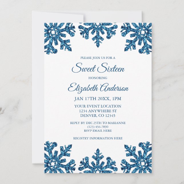 Blue Snowflake Winter Sweet sixteen Inbjudningar (Framsida)