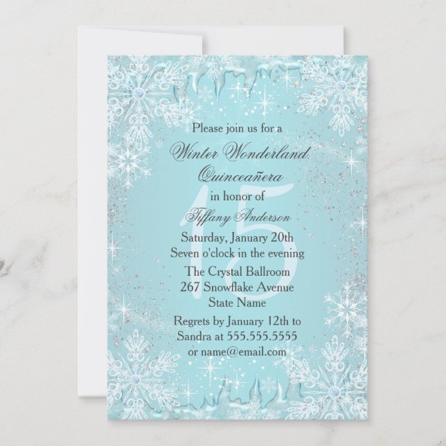 Blue Snowflake Winter Wonderland Quinceanera Inbjudningar (Framsida)