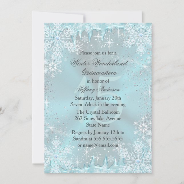 Blue Snowflake Winter Wonderland Quinceanera Inbjudningar (Framsida)