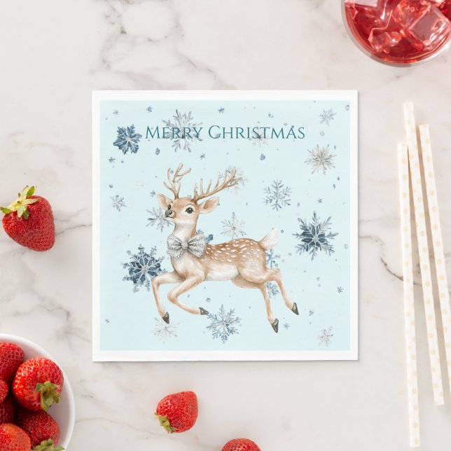 Blue Snowflakes Christmas Deer with Bow Pappersservett (Insitu)