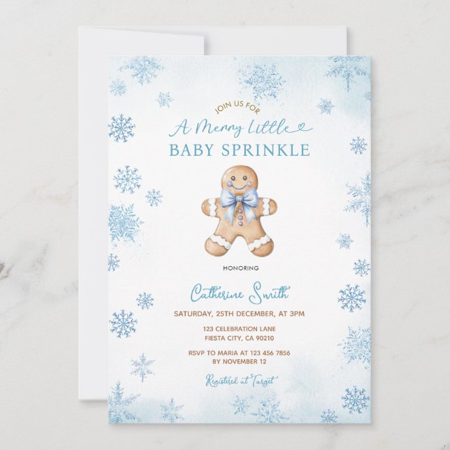 Blue Snowflakes Gingerbread Baby Sprinkle Inbjudningar (Framsida)