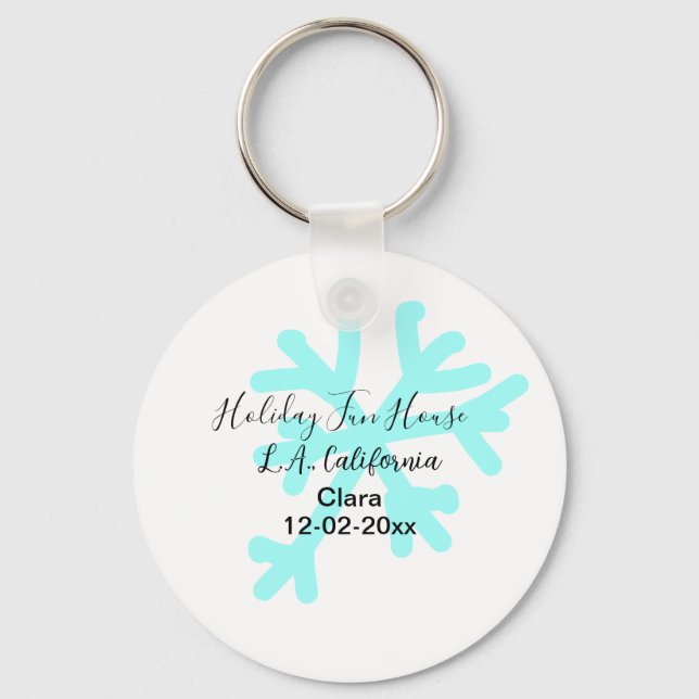 Blue snowflakes holiday camping house place date nyckelring (Framsida)