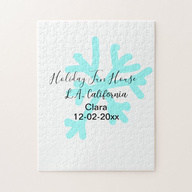 Blue snowflakes holiday camping house place date pussel (Vertikal)