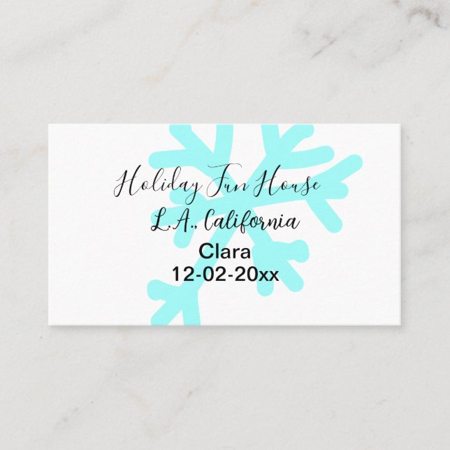 Blue snowflakes holiday camping house place date visitkort (Framsida)