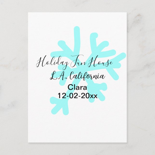 Blue snowflakes holiday camping house place date vykort (Framsida)