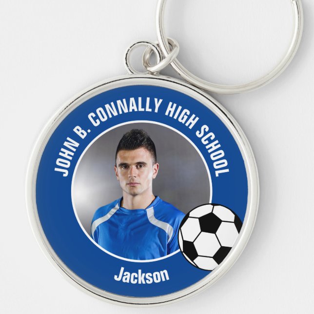 Blue Soccer Player Photo High School Rund Silverfärgad Nyckelring (Framsidan)