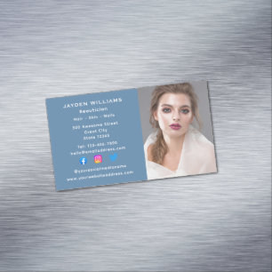Blue Social Media Beautician Cosmetologist Photo Magnetiska Visitkort