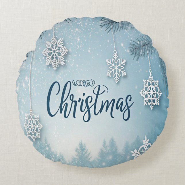 Blue Soft & Calm Christmas Snow Crystal Design-  Rund Kudde (Framsidan)