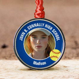 Blue Softball Player Photo High School Christmas Julgransprydnad Metall