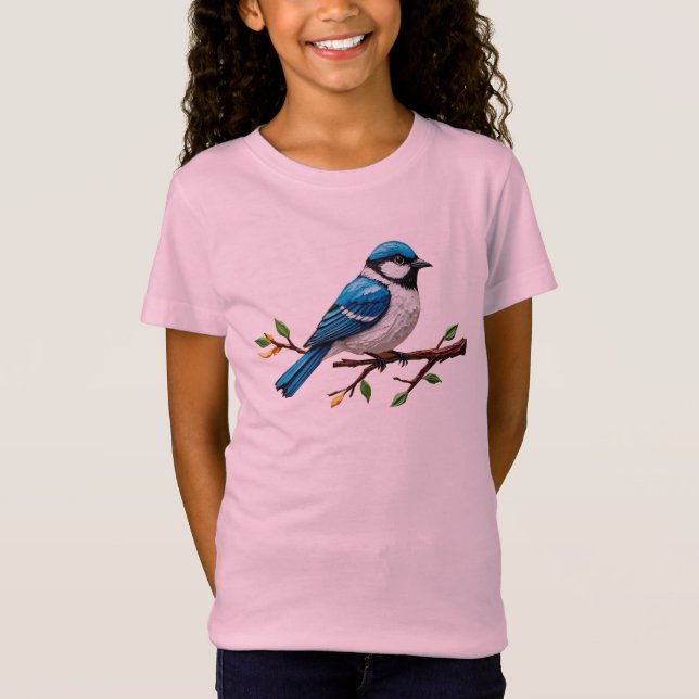 Blue Songbird on Branch Illustration T Shirt (Framsida)
