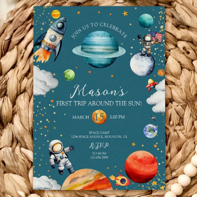 Blue Space Rocket & Astronaut 1st Trip Around Inbjudningar (Skapare uppladdad)