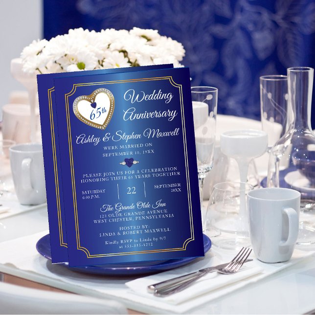 Blue Spinel Diamond 65e Bröllop-årsdagen Party Inbjudningar (Elegant Blue Spinel Diamond 65th Wedding Anniversary Party Invitation)