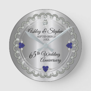 Blue Spinel Diamonds 65e Bröllop-årsdag Rund Klocka