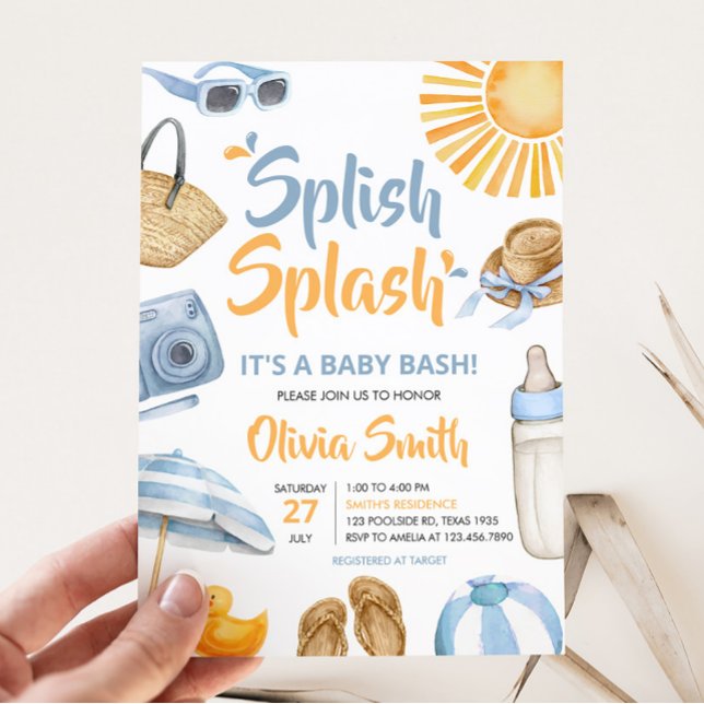Blue Splish Stänk Baby Shower Inbjudningar (Boy Summer Beach Baby Shower Invitation)