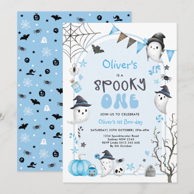 Blue Spooky One Cute Ghost Boy 1st Birthday Inbjudningar (Fram/baksida)