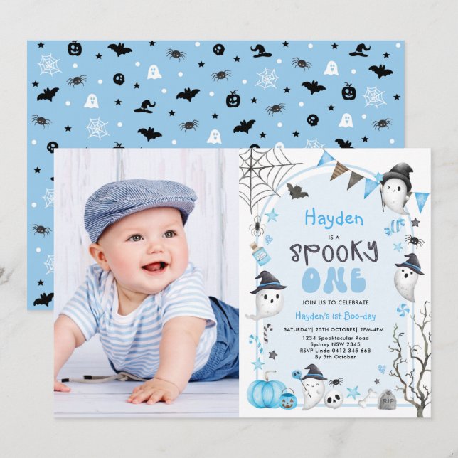Blue Spooky One Halloween Ghost 1 Birthday Photo Inbjudningar (Fram/baksida)