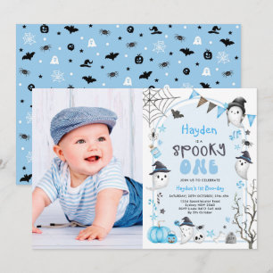 Blue Spooky One Halloween Ghost 1 Birthday Photo Inbjudningar
