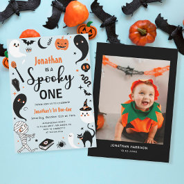 Blue Spooky One Halloween Photo Boy 1st Birthday Inbjudningar