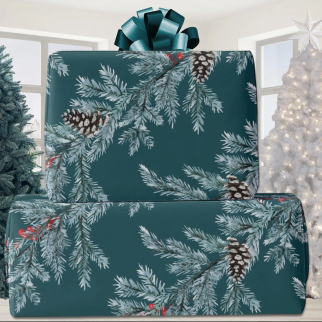 Blue Spruce Cones Red Ilex Berries Garland Teal Presentpapper (Skapare uppladdad)