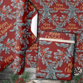 Blue Spruce Red Berries Guld God jul Presentpapper