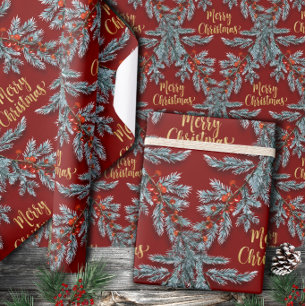Blue Spruce Red Berries Guld God jul Presentpapper