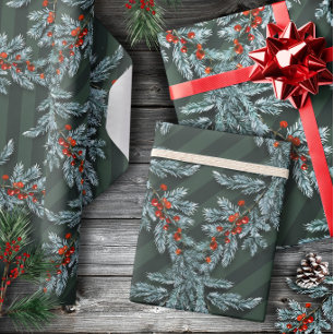 Blue Spruce Red Berries Lattice Forest Grönt Presentpapper