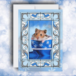 Blue Stached Glass Hamster jul Julkort