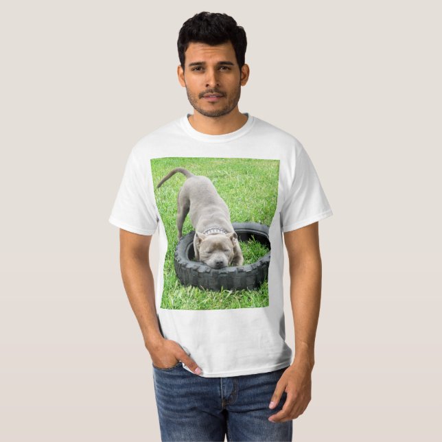 Blue Stafford Bull Terrier Play Time T Shirt (Hel framsida)