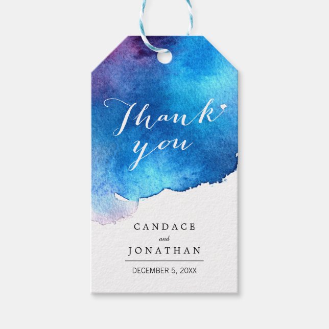 Blue Stänk Watercolor Bröllop Presentetikett (Framsidan)