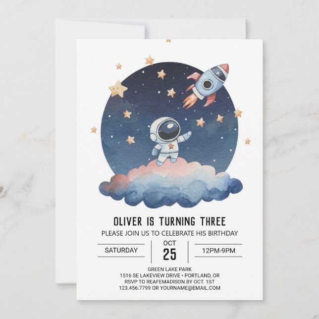 Blue Star Watercolor Astronaut Boy Birthday Inbjudningar (Framsida)