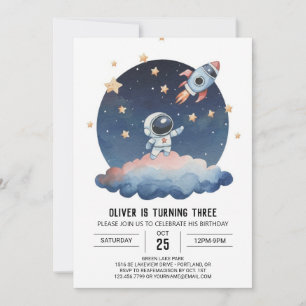 Blue Star Watercolor Astronaut Boy Birthday Inbjudningar