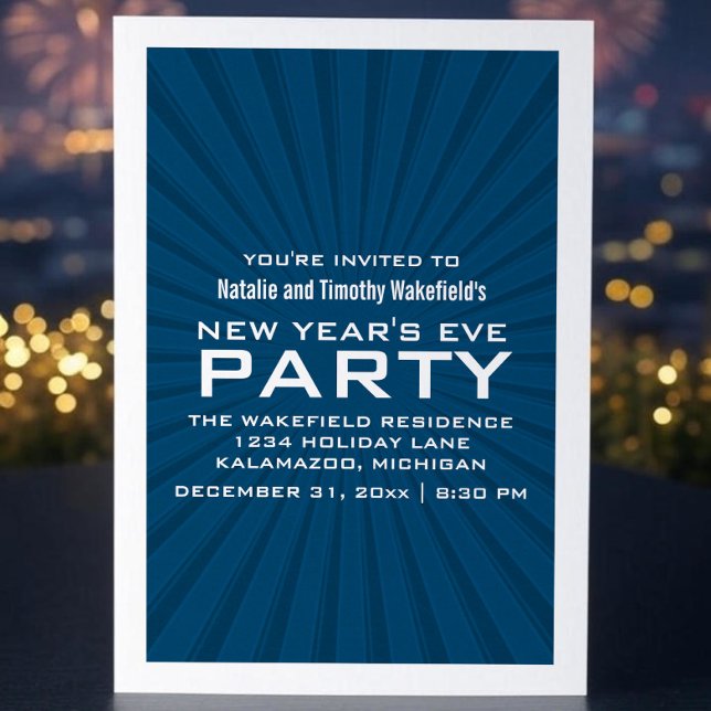 Blue Starburst Rand nyår Party Inbjudan (Blue Starburst Stripes New Years Party Invite)