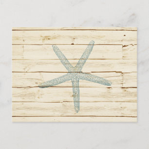 Blue Starfish Faux Cream Wood Beach Vykort