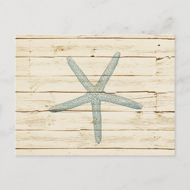 Blue Starfish Faux Cream Wood Beach Vykort (Framsida)