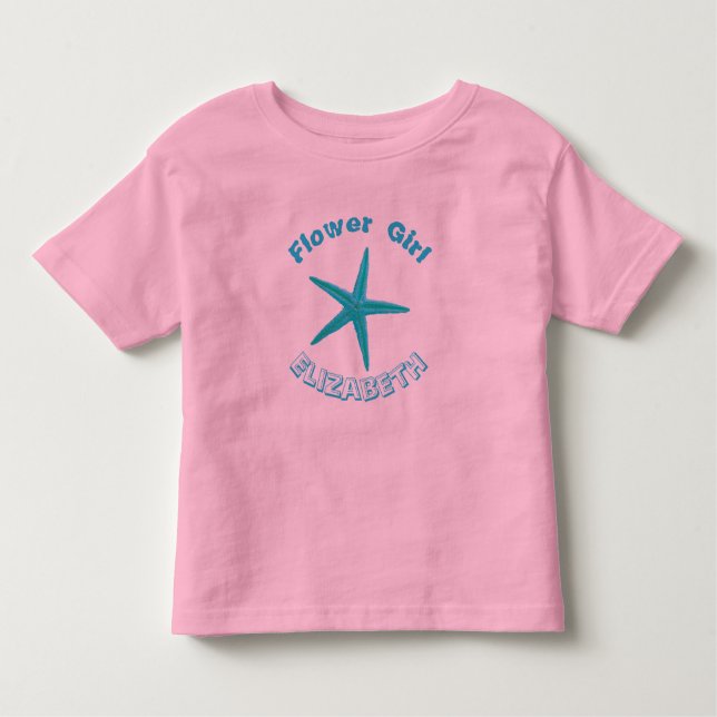 Blue Starfish Rosa Beach Wedding Flower Girl Tee Shirt (Framsida)