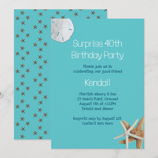 Blue Starfish Surprise Födelsedagsfest inbjudan (Fram/baksida)