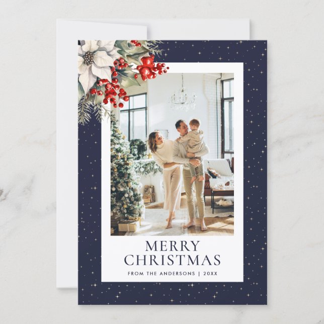 Blue Starry Botanical Photo Merry Christmas Julkort (Framsida)
