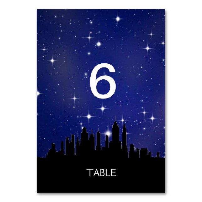 Blue Starry Night City Skyline Menu+Bord Card Bordsnummer (Framsidan)