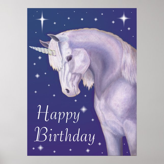 Blue Starry Unicorn Grattis på födelsedagen Poster (Framsidan)