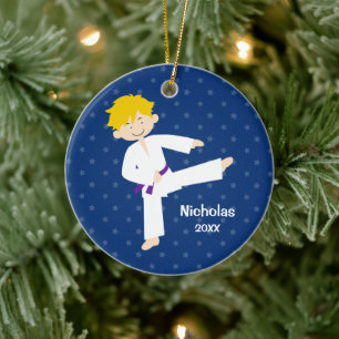 Blue Stars Lila Bälte Taekwondo Boy Personlig Julgransprydnad Keramik