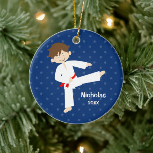 Blue Stars Red Bälte Taekwondo Boy Personlig Julgransprydnad Keramik