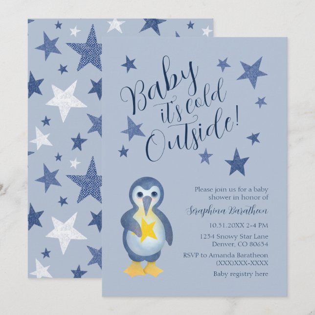 Blue Stars Winter Penguin Baby Shower Inbjudningar (Fram/baksida)