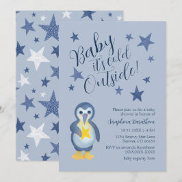 Blue Stars Winter Penguin Baby Shower Inbjudningar