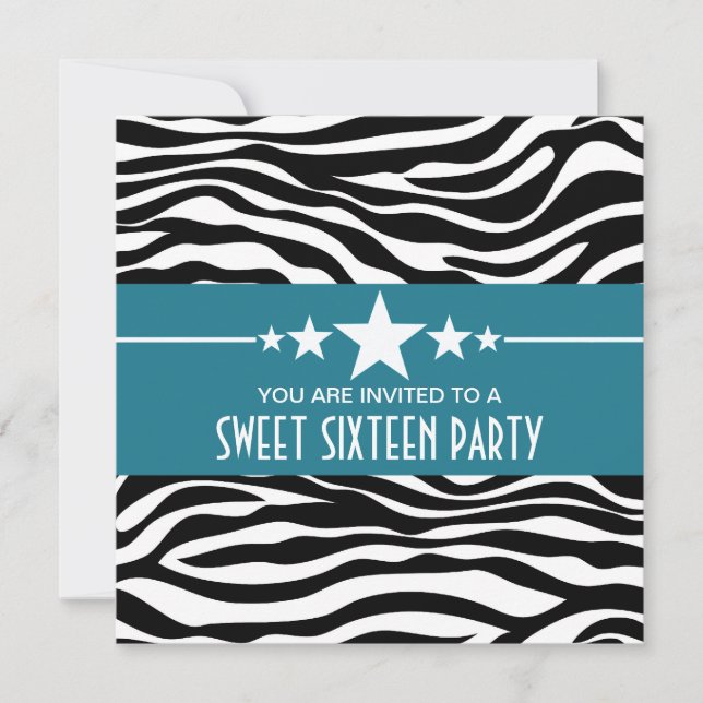 Blue Stars Zebra tryck Sweet 16 Inbjudan (Framsida)